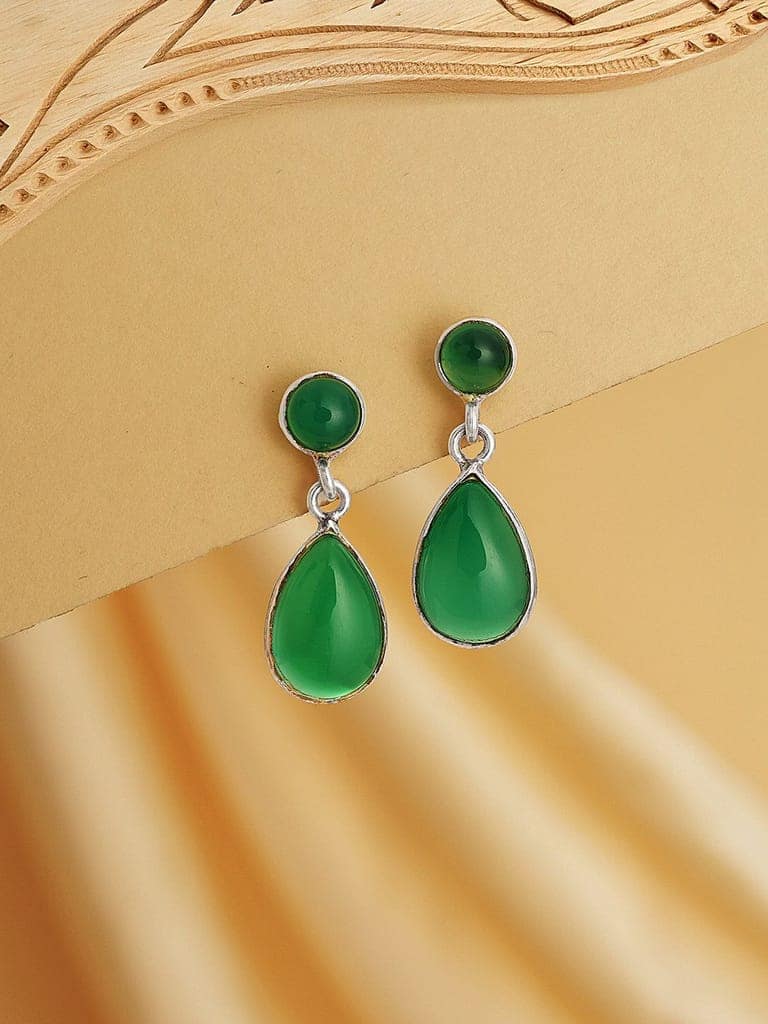 925 Sterling Silver Green Onyx Stone Studded Minimal Boho Chic Drop Earrings view 4