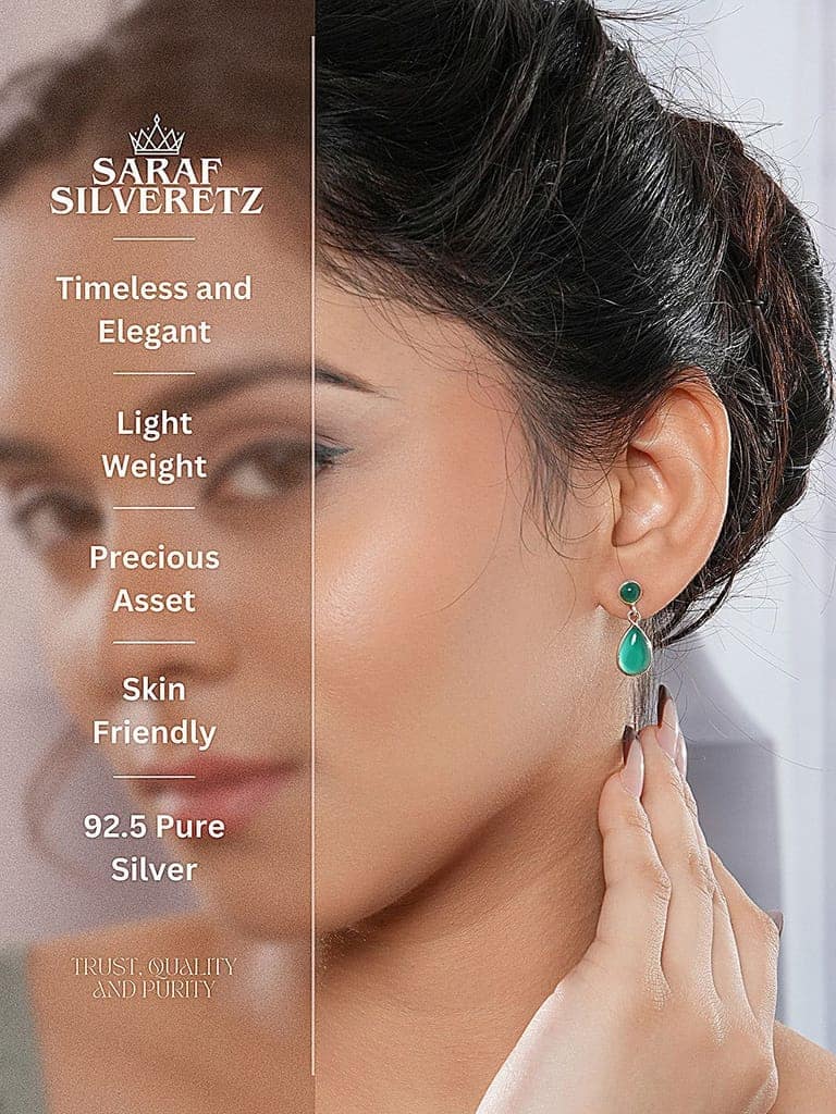 925 Sterling Silver Green Onyx Stone Studded Minimal Boho Chic Drop Earrings view 5