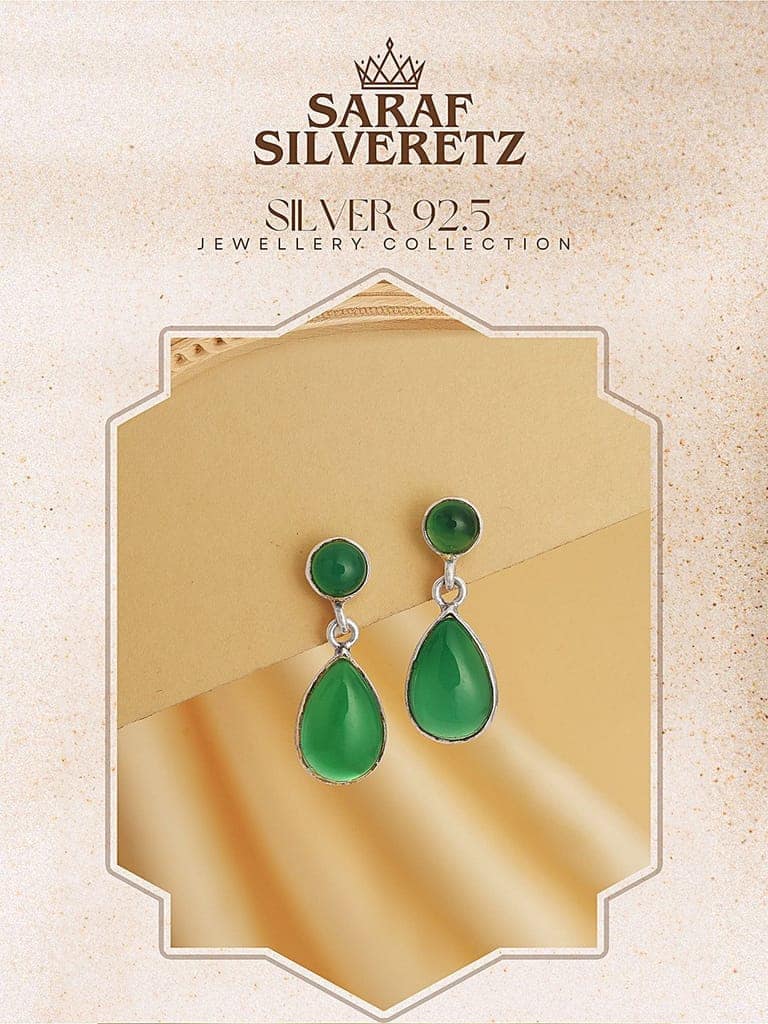 925 Sterling Silver Green Onyx Stone Studded Minimal Boho Chic Drop Earrings view 8