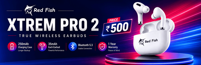 Red Fish Xtrem Airpods Pro 2 Deep Bass Earbuds,40H Playtime with Bluetooth 5.3 Headphone view 8