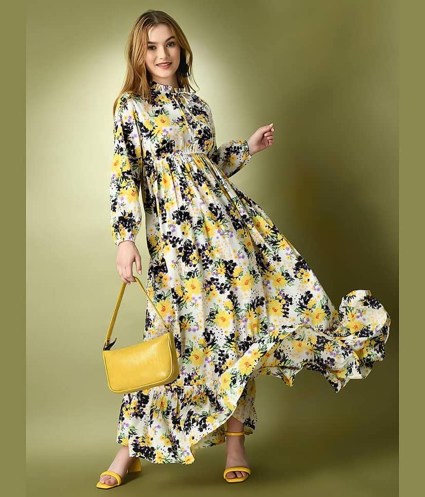 OTABU Women Polyester Printed A-line Dress ( White )