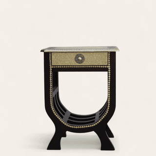 Shambhu Handicrafts Wooden U Shape Stool Cum Side Table || Handcrafted brass feeting With One Drawer Storage & Magazine Rack || HOME || RESTAURANT || OFFICE || DRAWING,LIVING ROOM DECOR .