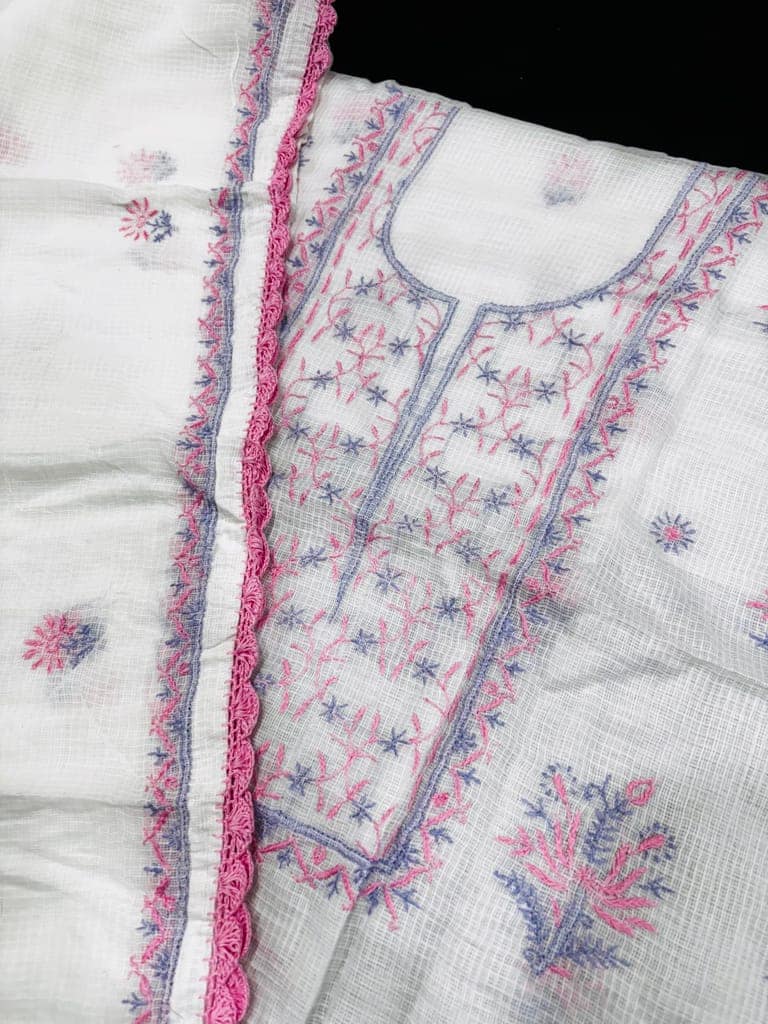 Tulip Handcrafted Kota Doria Unstitched Suit Fabric with Intricate Embroidery � White Base with Pink & Blue Floral Work view 4