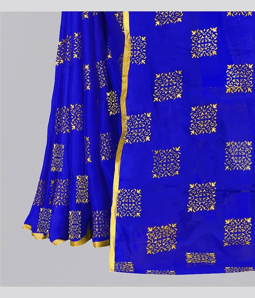 Rhey Chiffon Printed Saree With Unstitched Blouse Piece ( Navy Blue ) view 2
