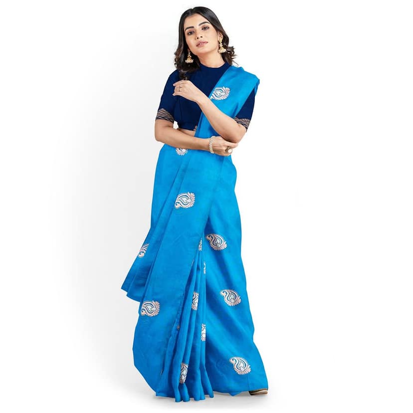 Sky Blue Silver & Copper Zari Mango Butta Saree with Contrast Blouse view 2