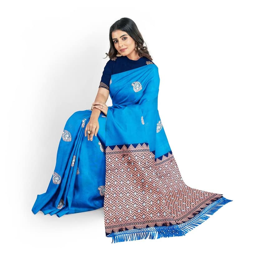 Sky Blue Silver & Copper Zari Mango Butta Saree with Contrast Blouse view 3