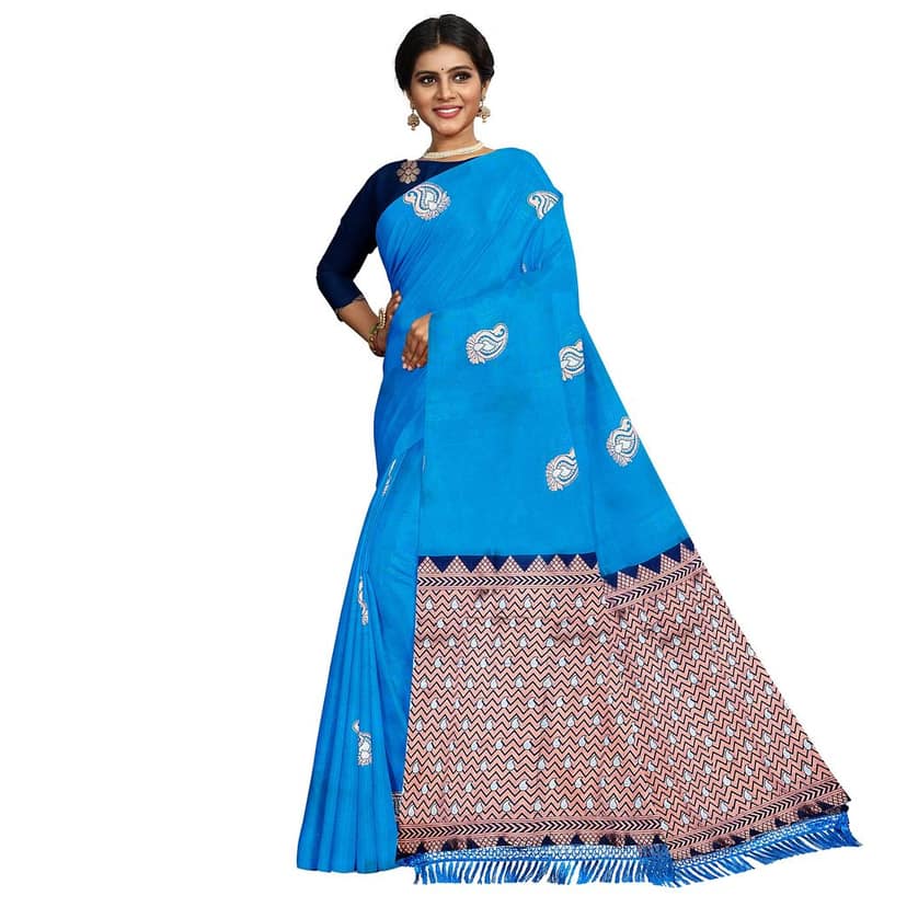Sky Blue Silver & Copper Zari Mango Butta Saree with Contrast Blouse view 6