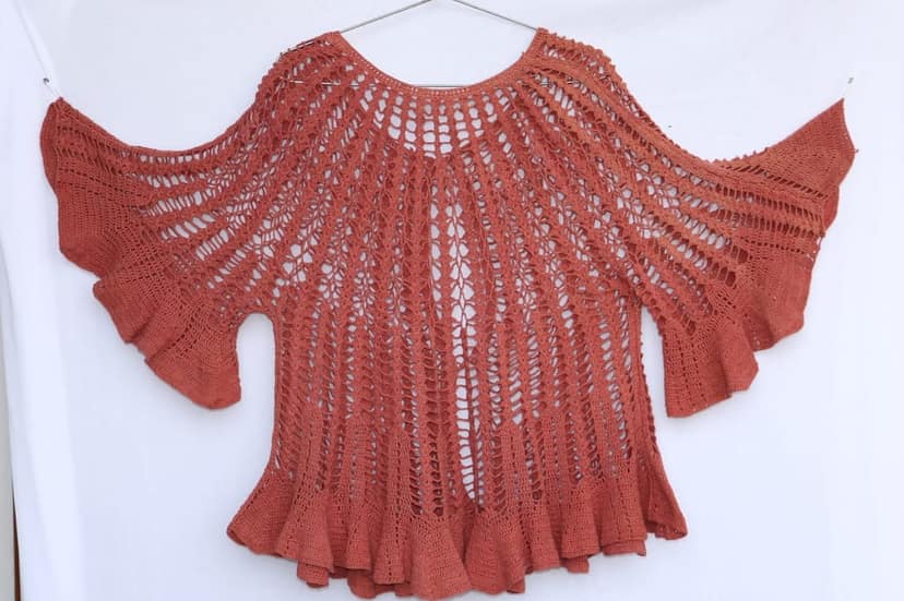 Crocheted Open Knit Terracotta Blouse with Bell Sleeves