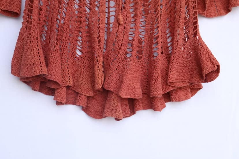 Crocheted Open Knit Terracotta Blouse with Bell Sleeves view 3