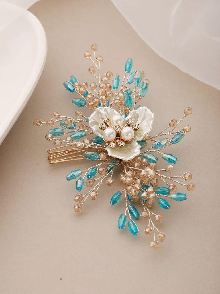 Gold Toned Mother Of Pearl Embellished Blue Hair Comb Pin view 2