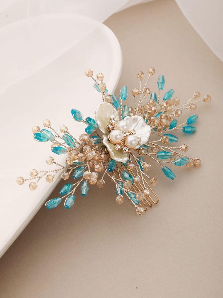 Gold Toned Mother Of Pearl Embellished Blue Hair Comb Pin view 3