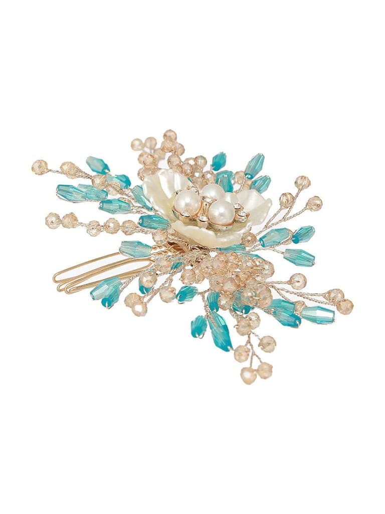 Gold Toned Mother Of Pearl Embellished Blue Hair Comb Pin view 4