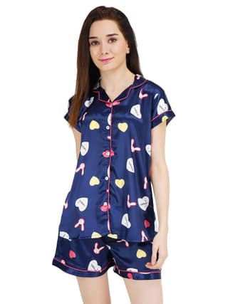 KOI SLEEPWEAR Women Satin Rabbit Nightsuit Set - Navy Blue
