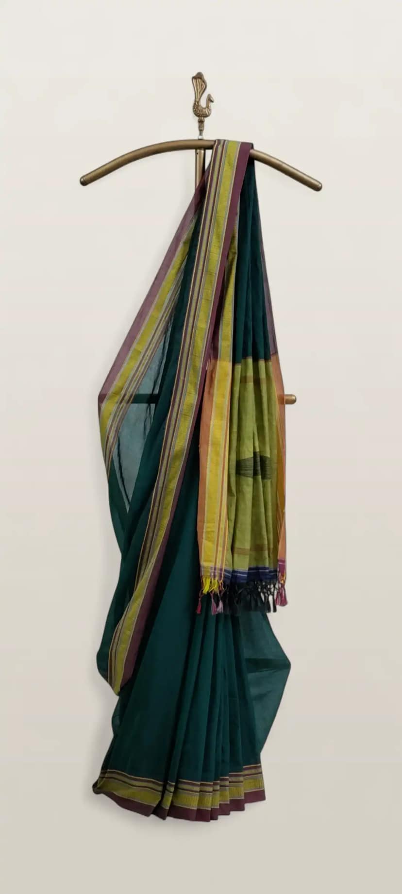 Handwoven Ilkal Saree in Teal Green with Multi-stripe Woven Border view 3
