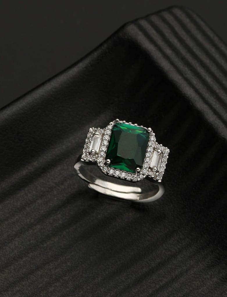 Silver Plated Green AD Embellished minimal Engagement Ring view 2