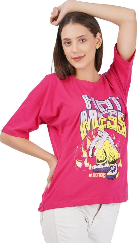 BlueFicus Printed Oversize Cotton Tshirt for Women Short Sleeve Tshirt for Casual Wear (Pink) view 3