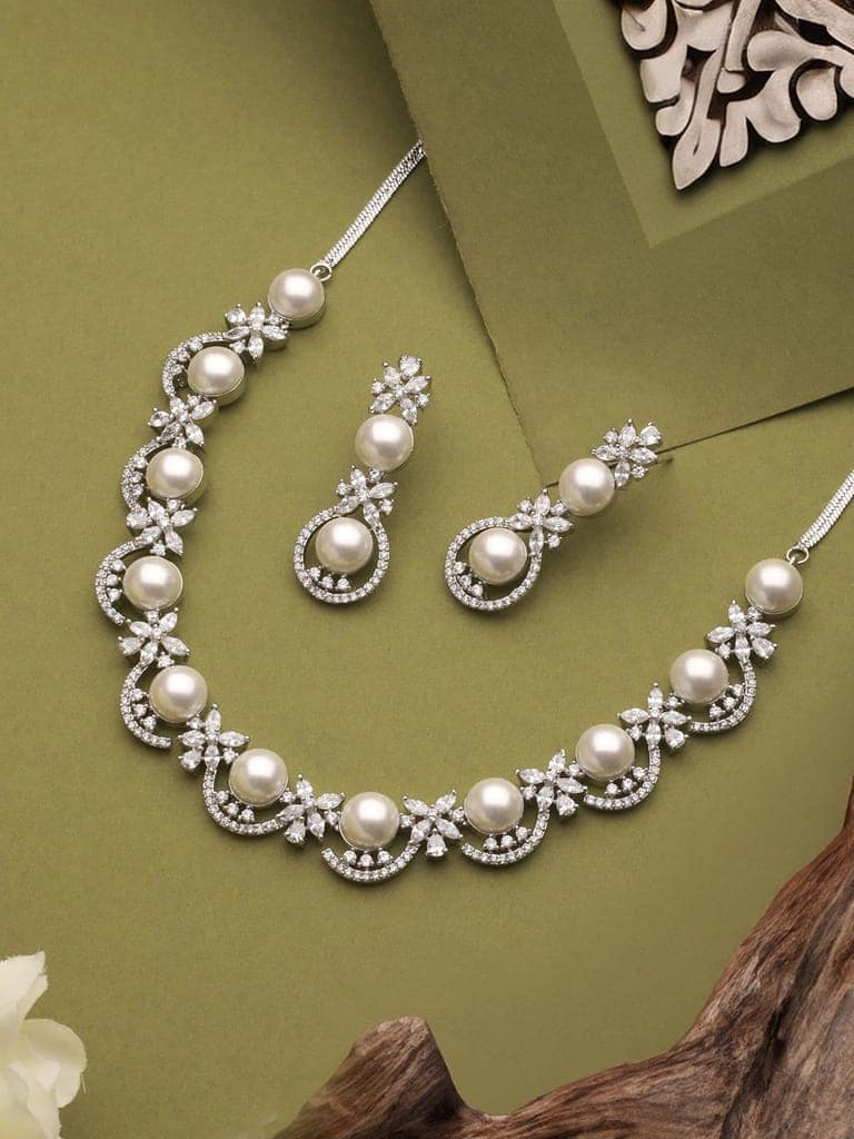 Silver Toned AD & Pearl Beaded Statement Necklace Jewellery Set view 2