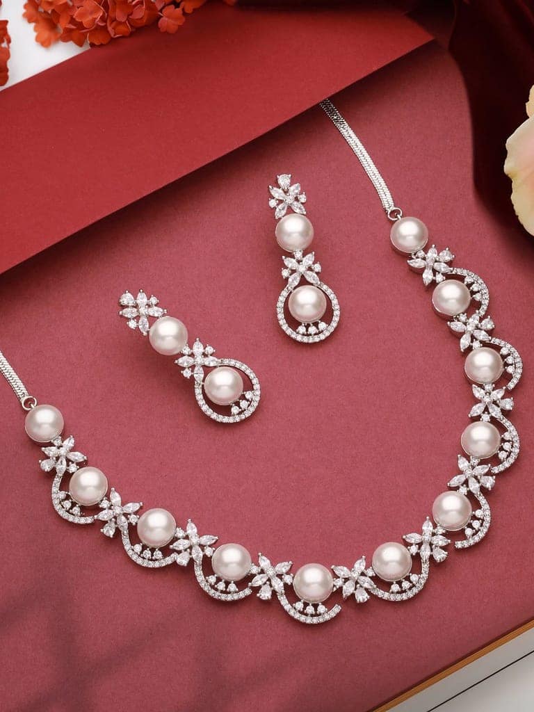 Silver Toned AD & Pearl Beaded Statement Necklace Jewellery Set view 3