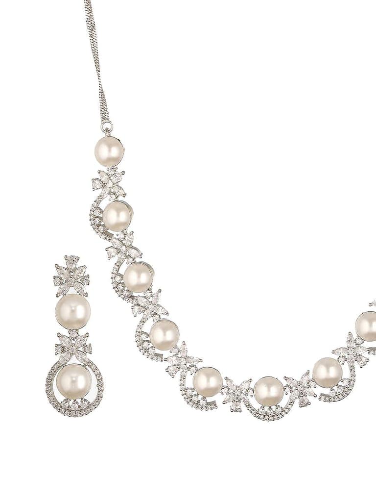 Silver Toned AD & Pearl Beaded Statement Necklace Jewellery Set view 7
