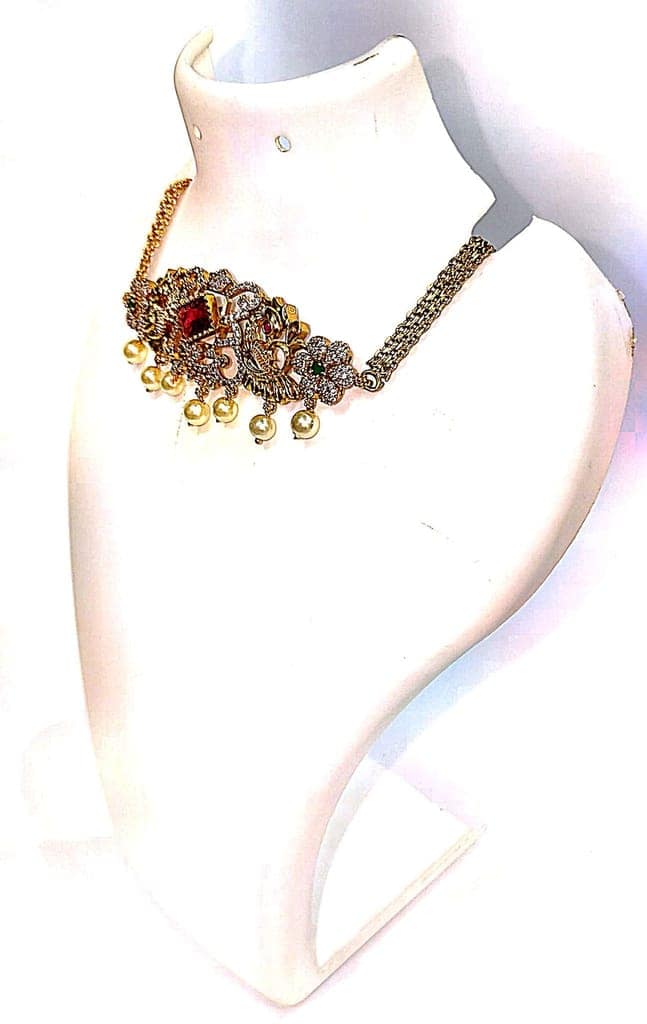 Bridal Gold Plated Traditional Indian Necklace Set with Pearls and Stones view 3