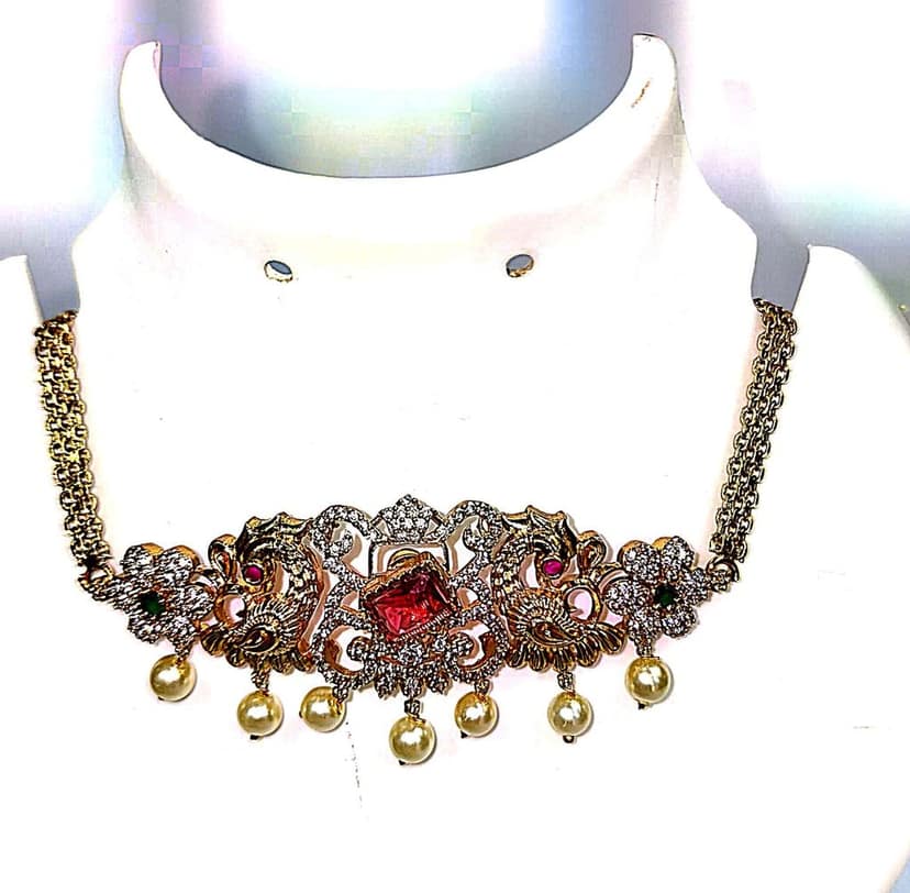 Bridal Gold Plated Traditional Indian Necklace Set with Pearls and Stones view 4