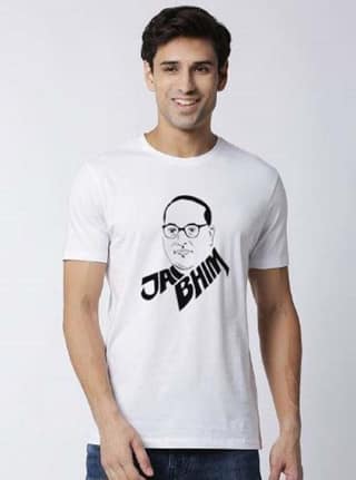 Jai Bhim & Dr. B. R. Ambedkar Printed White T-Shirt for Men | Half Sleeves Round Neck Polyester Tee by Blood Moon