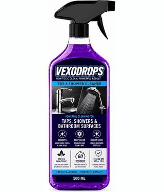 Vexodrops Tap & Shower Cleaner Spray 500 ml | Hard Water Stain Remover | Bathroom Cleaner for Taps, Showers & Glass | Soap Scum & Limescale Remover | Non-Toxic Formula