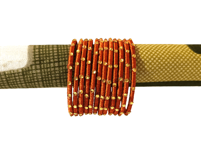 Elegant Rust Orange Silk Thread Bangles Set with Golden Studs for Women view 2