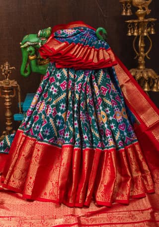 Green and Blue Dual Tone Ikkat Kanjivaram Fusion Silk Saree with wide zari border and pallu | SILK MARK CERTIFIED