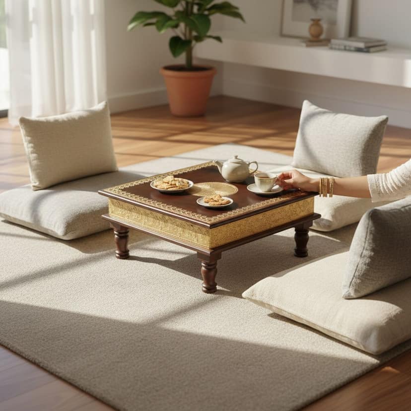 Wooden Handmade Indian Side Table | Pooja Chowki Stool setof2 view 2