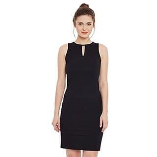 Miss Chase Womens Super Comfortable Black Solid Sleeveless Round Neck Mini Bodycon Dress with Zip Closure