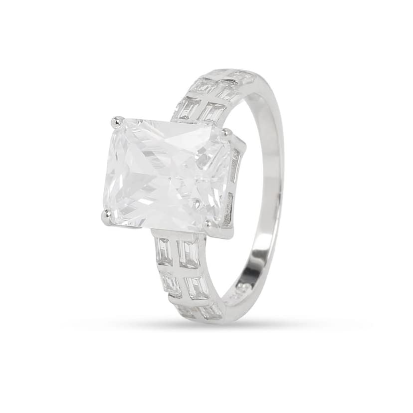925 Sterling Silver Cushion Cut Solitaire Ring with Baguette Side Stones for Women | Statement CZ Diamond Look Ring I Weight - 3.3 gram
