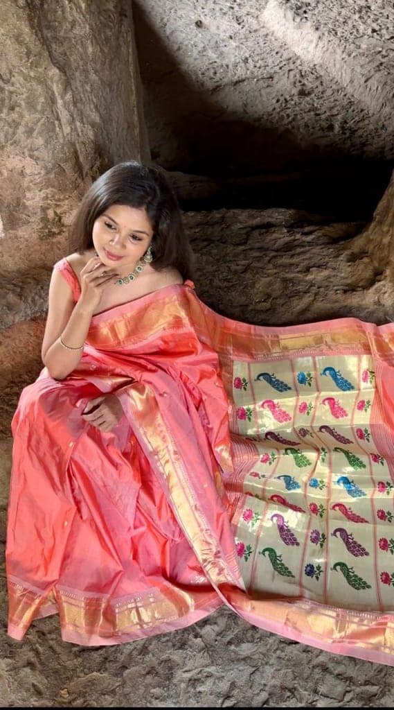 Parampara ~ Handloom Pure Silk Paithani Saree with Traditional Peacock Lotus Pallu ~ Peach view 2