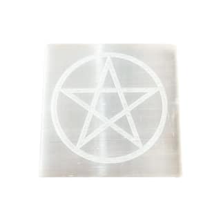 KITREE Natural Selenite Charging Engraved Symbol Squares Plate for Reiki Healing and Fengshui Crystal 7.5 x 7.5 Centimeters (Weight 95 GMS) (Shape Square) (Color White) (Star)