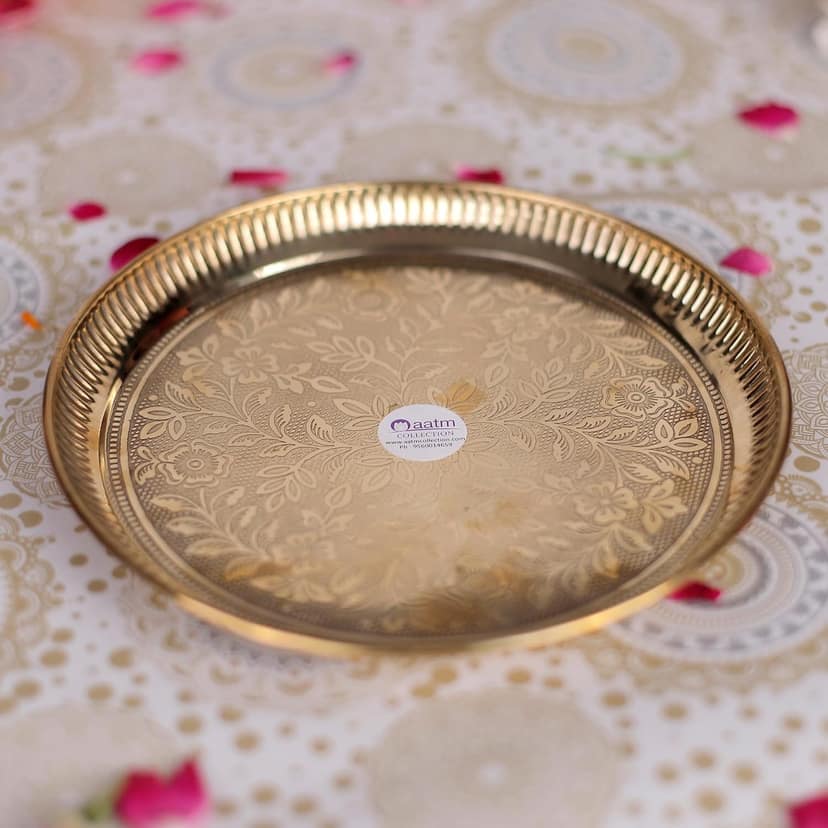 Aatm Pure Brass Pooja Thali Plate - Handcrafted 7-Inch Flower-Embossed Puja Plate - Traditional Aarti Thali for Rituals, Gifting and Home Décor view 2