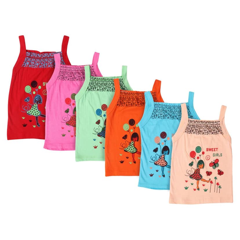 Cottage Industry Cotton Vest Combo Sleeveless Printed Inners for Girls Camisole - Multicolor (Pack of 6)