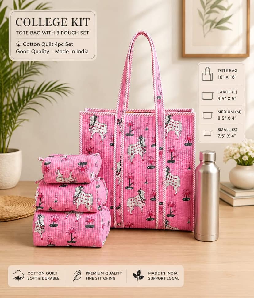Pink Tropical Quilted Tote Bag and 3 Pouch Set (4-Piece College Kit) view 2