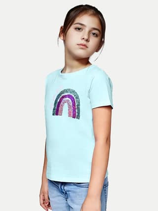 Teen Girls Sky-Blue Sequence Crew Neck T-shirt