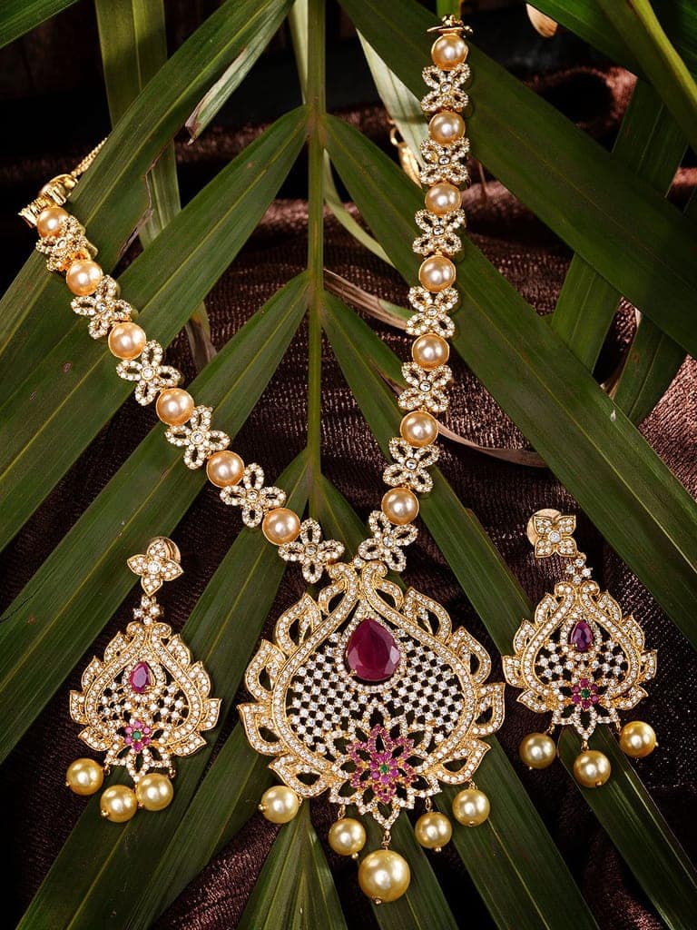 Gold Plated Red AD & Pearl studded Pendant Necklace and Earrings Set view 2