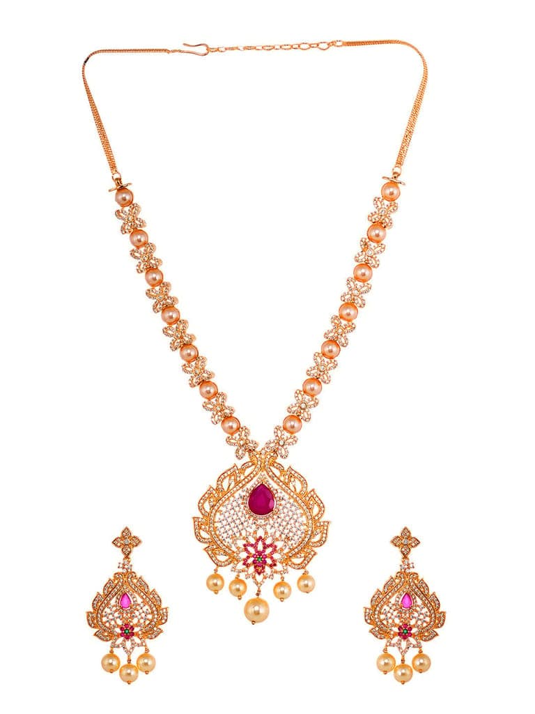 Gold Plated Red AD & Pearl studded Pendant Necklace and Earrings Set view 4