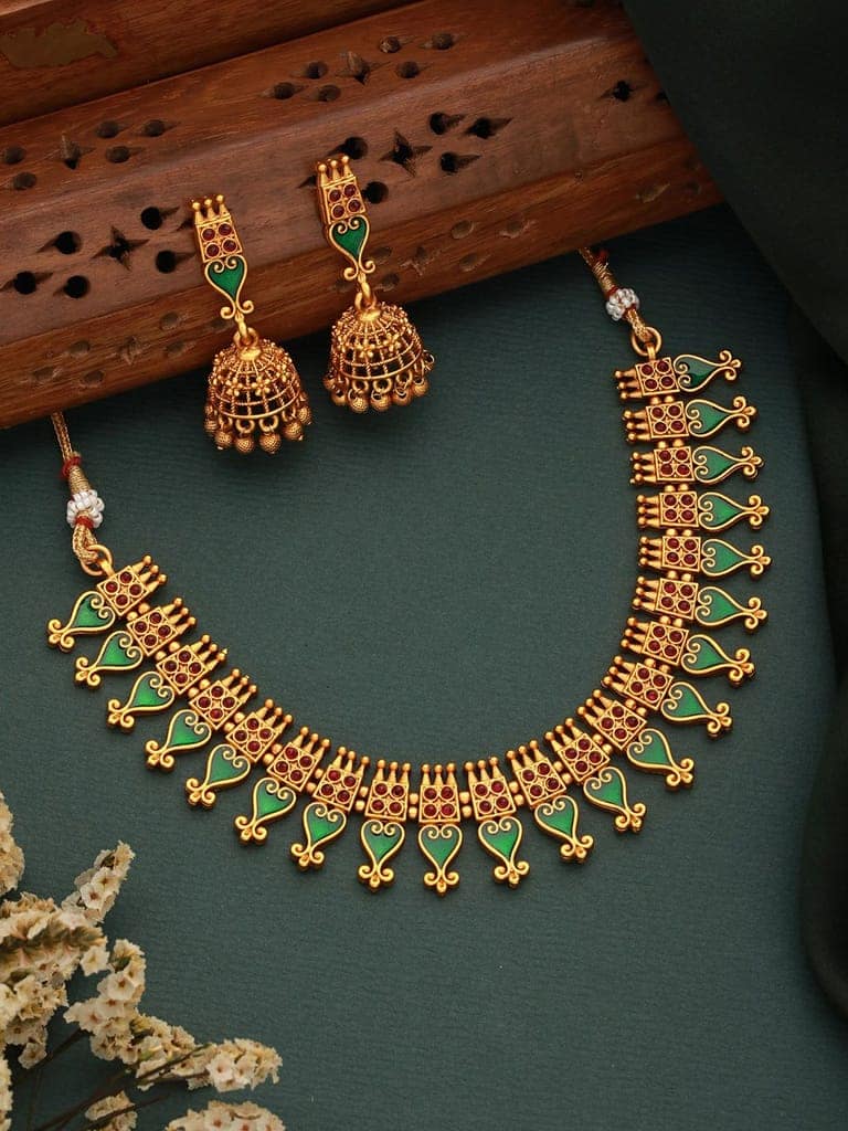 Gold Toned Green Enamelled Kerala tradition Nagapadam Floral Choker Jewellery Set view 2