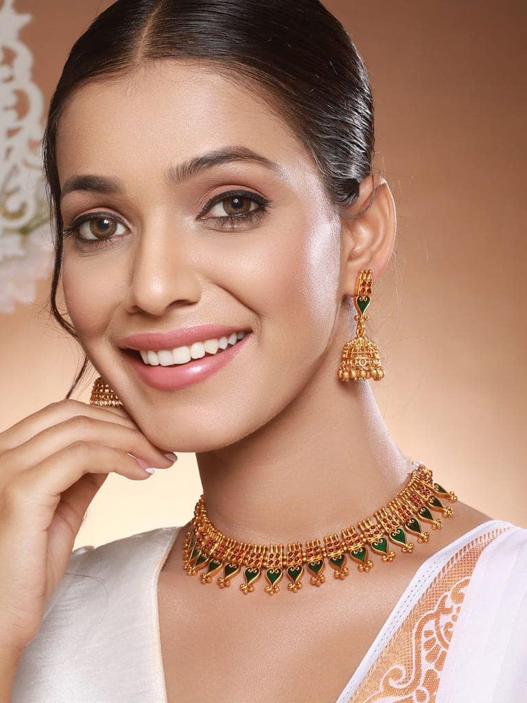 Gold Toned Green Enamelled Kerala tradition Nagapadam Floral Choker Jewellery Set view 3