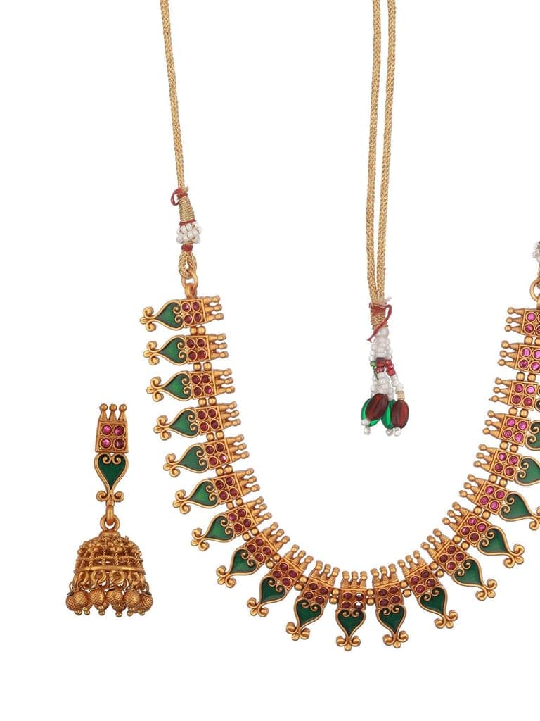 Gold Toned Green Enamelled Kerala tradition Nagapadam Floral Choker Jewellery Set view 4