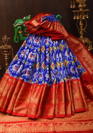 Exquisite Grand Ikkat Patola Kanjivaram Pure Silk Saree in Blue and Red | SILK MARK CERTIFIED