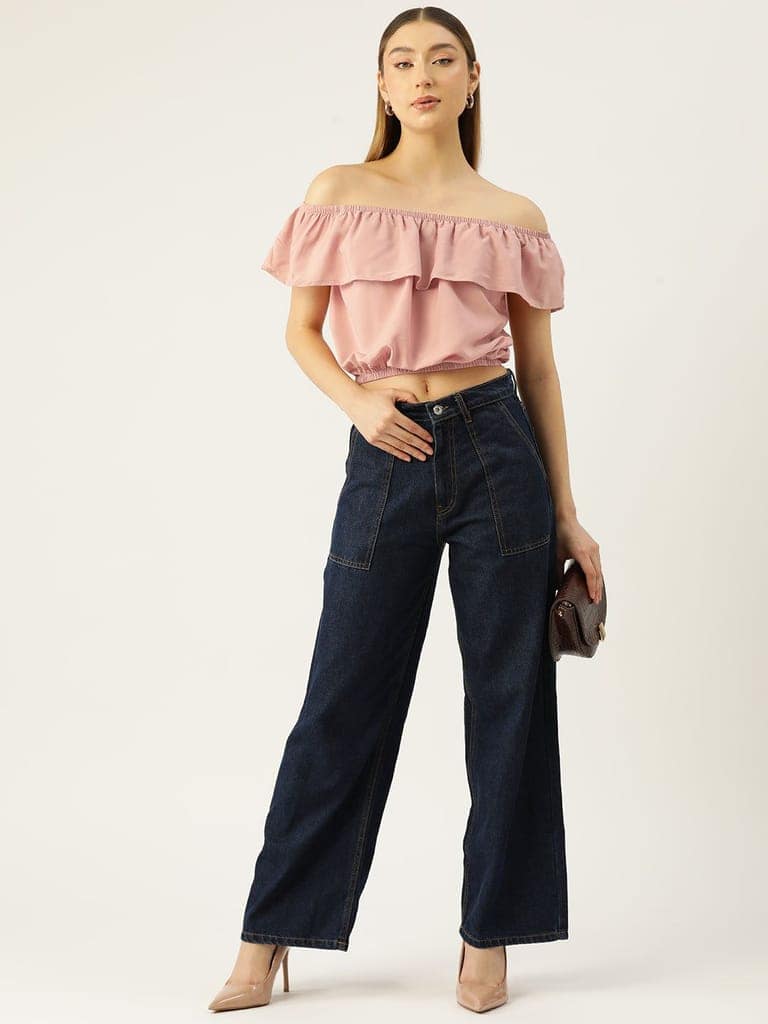 Solid Off-Shoulder Flared Sleeve Crepe Bardot Crop Top view 4