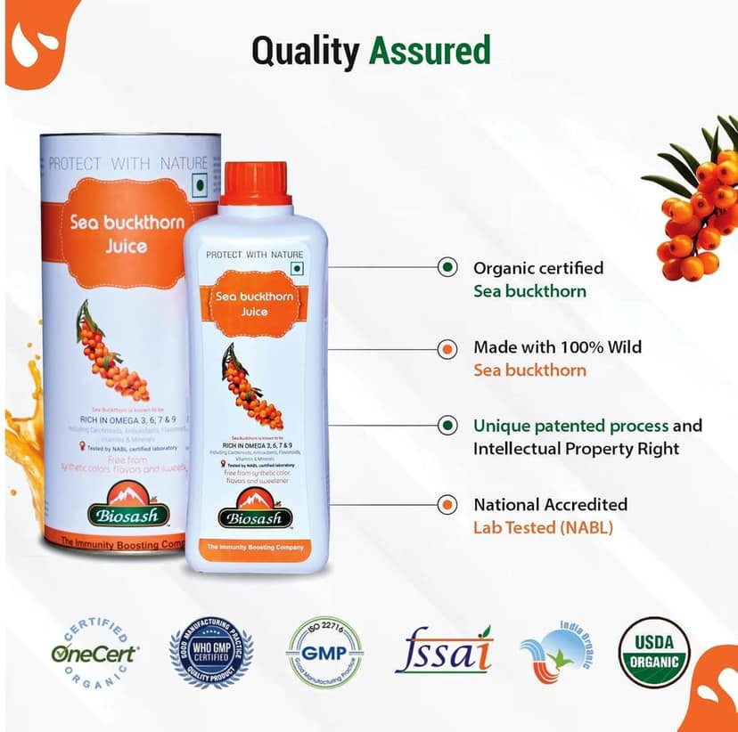 Biosash Sea Buckthorn Juice | 99.9% Pure Cold-Pressed Organic Juice | Rich in Omega 3 6 7 9 | No Sugar, No Additives | Vegan & Clinically Proven Nutritional Support view 5