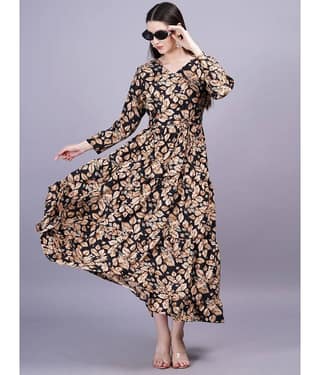 JC4U Women Rayon Printed Fit & Flare Dress ( Black )