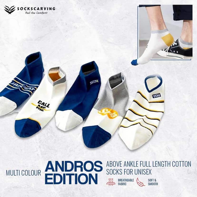 SOCKSCARVING Multicolour Andros Edition Cotton Socks Pair of 5, Low Cut Ankle, Full Length, Free Size, Casual Design, For Men-Women view 2