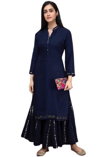 Buy & Try Women's Rayon Kurta Plazzo Set with Aari Work, Straight Kurti Set with Plazzo for Girls, Diwali, Festival Puja. view 8