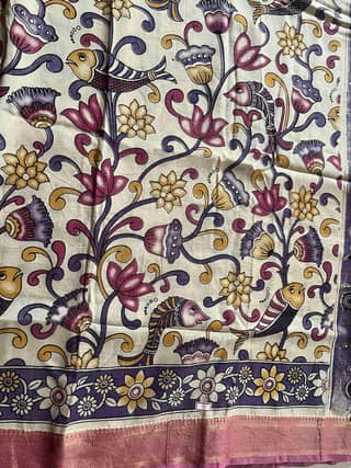Kalamkari Silk Saree in Off White with Mythological Floral Motifs